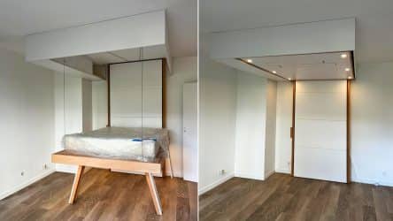 Rangement suspendu pour optimiser l’espace et dissimuler le lit escamotable