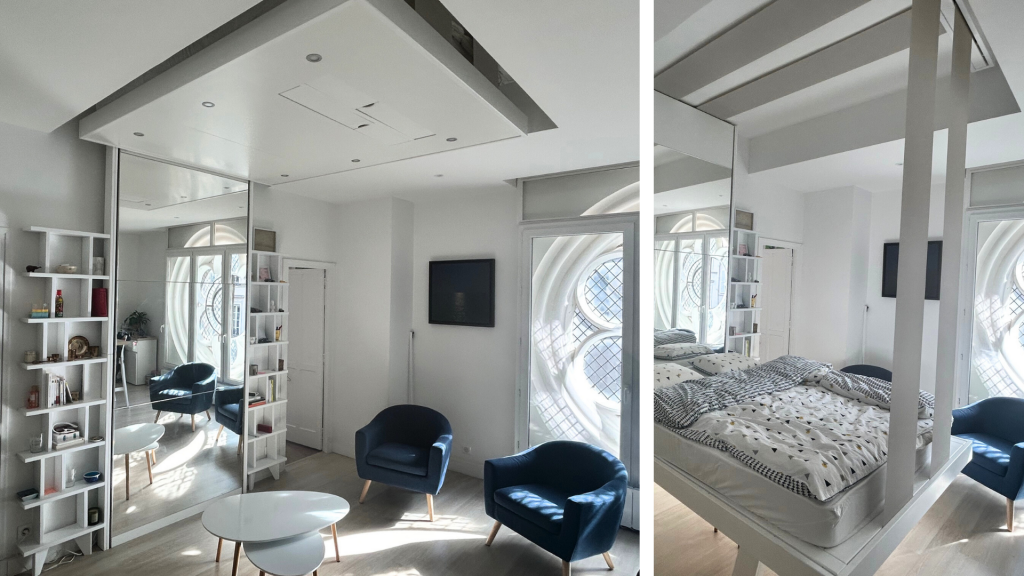 Lit escamotable bedUp® dissimulé dans un plafond blanc – intérieur monochrome et élégant