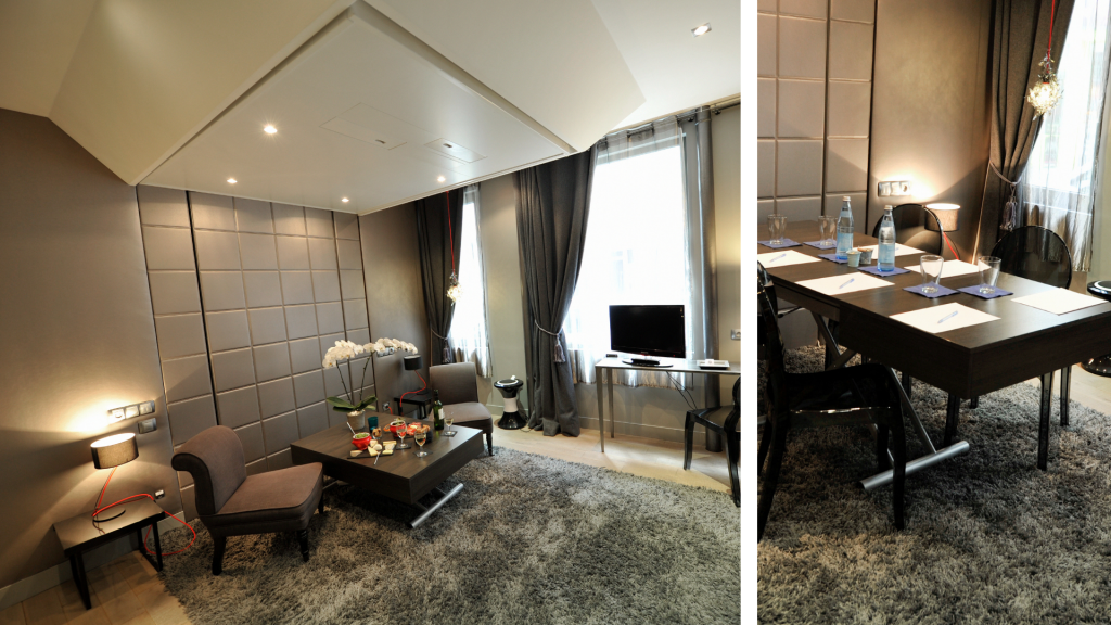 Lit escamotable bedUp® dans une chambre d’hôtel modulable en salle de réunion