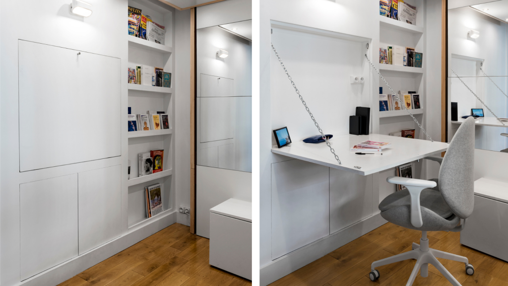 Lit escamotable bedUp® dans un studio de 15 m² avec coin télétravail