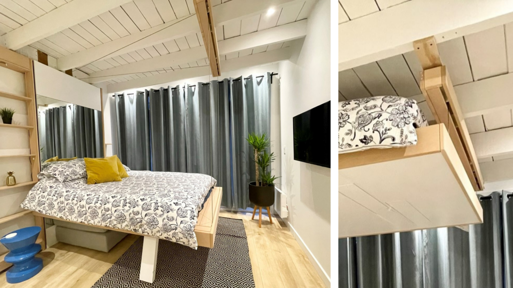 Illustration de la fixation du lit bedUp® sur poutres en bois