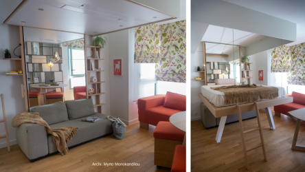 Rangement suspendu pour optimiser l’espace et dissimuler le lit escamotable