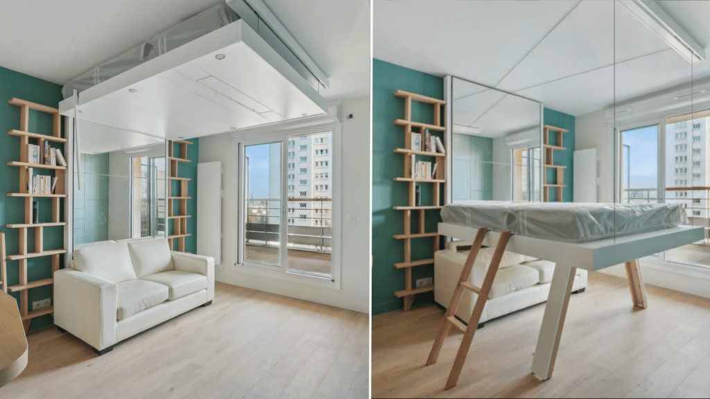 lit relevable au plafond bedUp® pour agrandir l'espace de son studio by BÉATRICE ELISABETH
