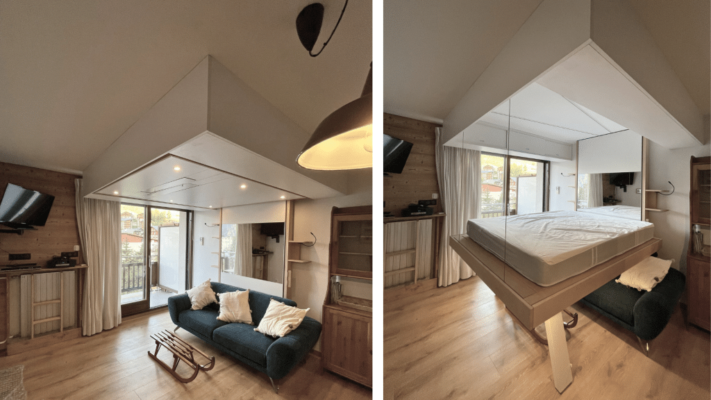 Lit escamotable bedUp® caché derrière rangements suspendus au-dessus d’un canapé