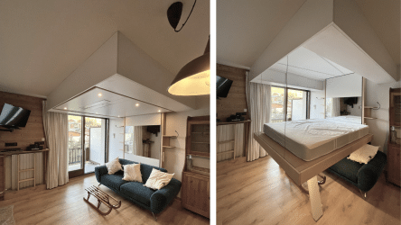 Rangement suspendu pour optimiser l’espace et dissimuler le lit escamotable