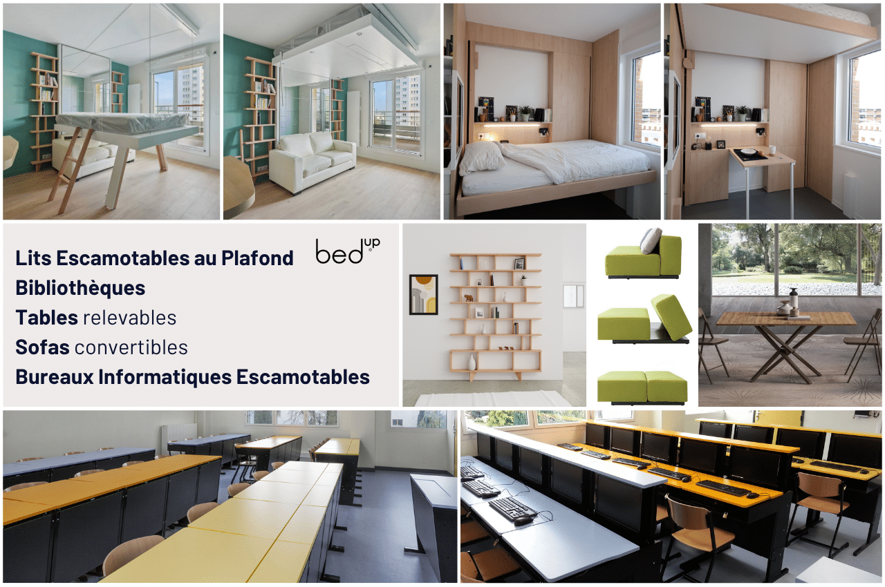 Mobilier gain de place DECADRAGES : lit escamotable plafond, bibliothèque fine, table relevable et bureaux escamotables